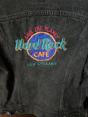 Hard Rock Cafe Black Denim Jacket with Teal, Blue & Pink Embroidered Logo